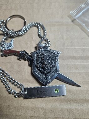 Lion Shield Leo Pendant Necklace Keychain - Silver Tone with Green Accent